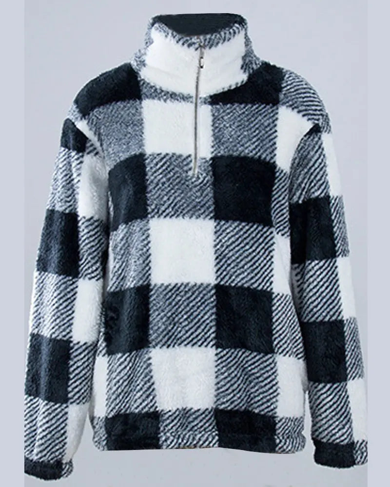 Plaid Print Zip Front Long Sleeve Fluffy Sweatshirt