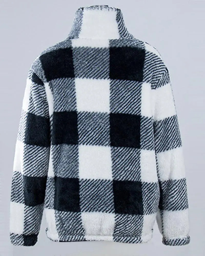 Plaid Print Zip Front Long Sleeve Fluffy Sweatshirt