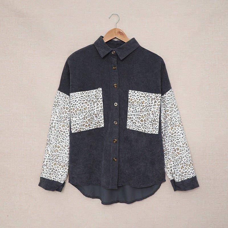 Charlotte Leopard print shirt jacket female splicing row of buttons with pockets corduroy shirt jacket - Charlotte-dress
