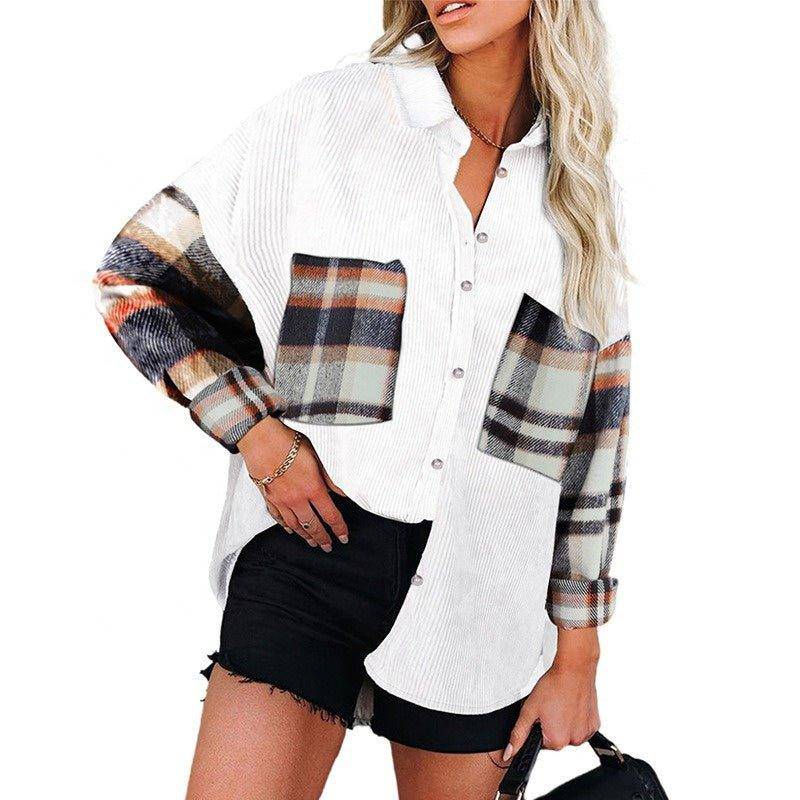 Charlotte Leopard print shirt jacket female splicing row of buttons with pockets corduroy shirt jacket - Charlotte-dress