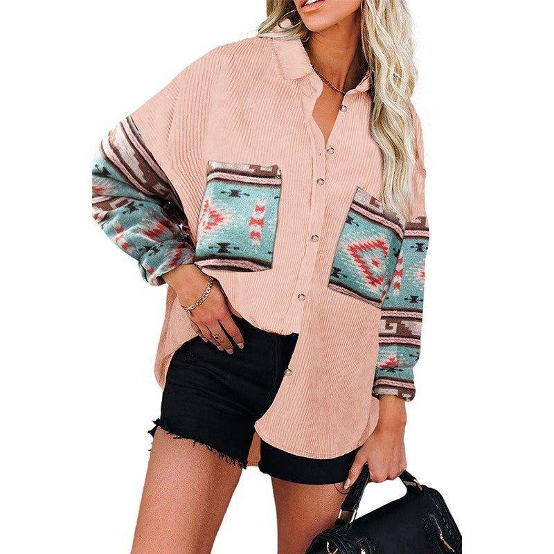 Charlotte Leopard print shirt jacket female splicing row of buttons with pockets corduroy shirt jacket - Charlotte-dress