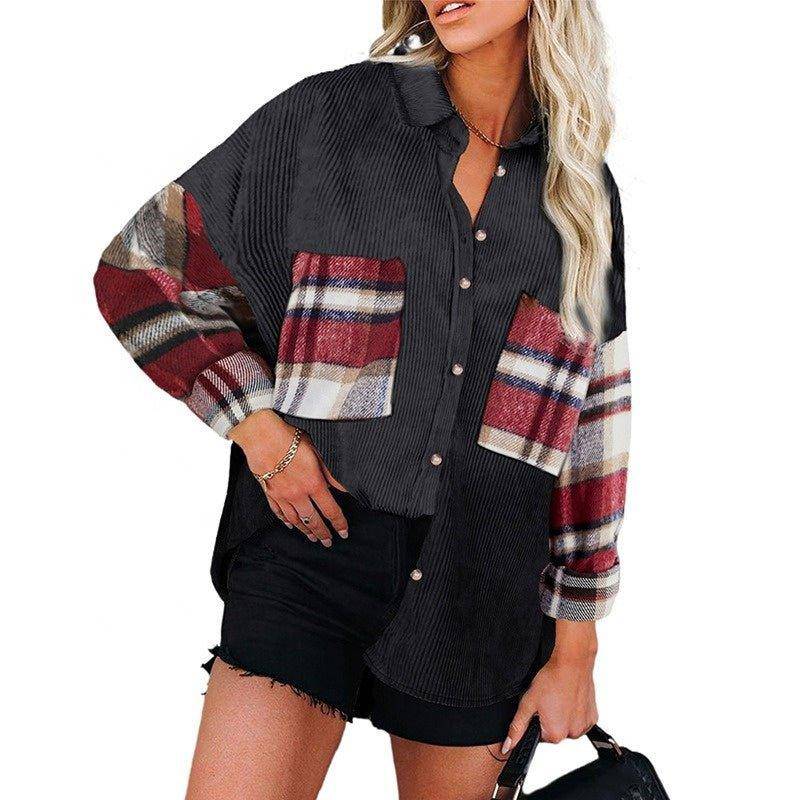 Charlotte Leopard print shirt jacket female splicing row of buttons with pockets corduroy shirt jacket - Charlotte-dress