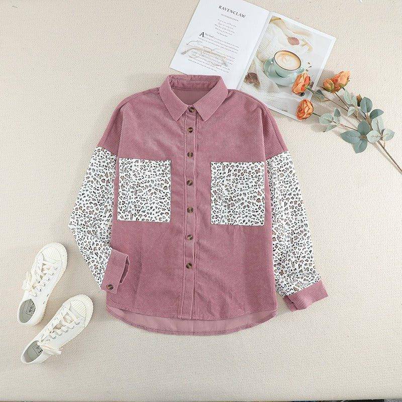 Charlotte Leopard print shirt jacket female splicing row of buttons with pockets corduroy shirt jacket - Charlotte-dress