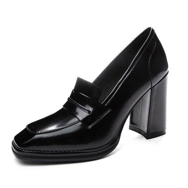 👠Women's Genuine Leather Round Toe Buckled Platform Slip-On Pumps