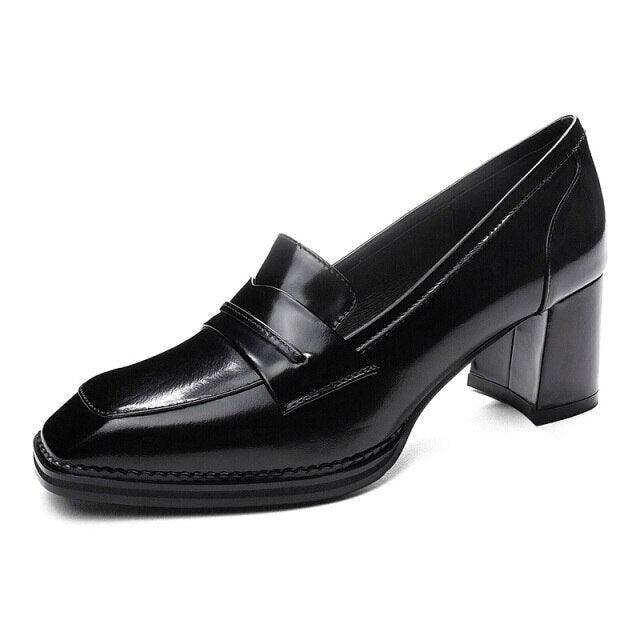 👠Women's Genuine Leather Round Toe Buckled Platform Slip-On Pumps