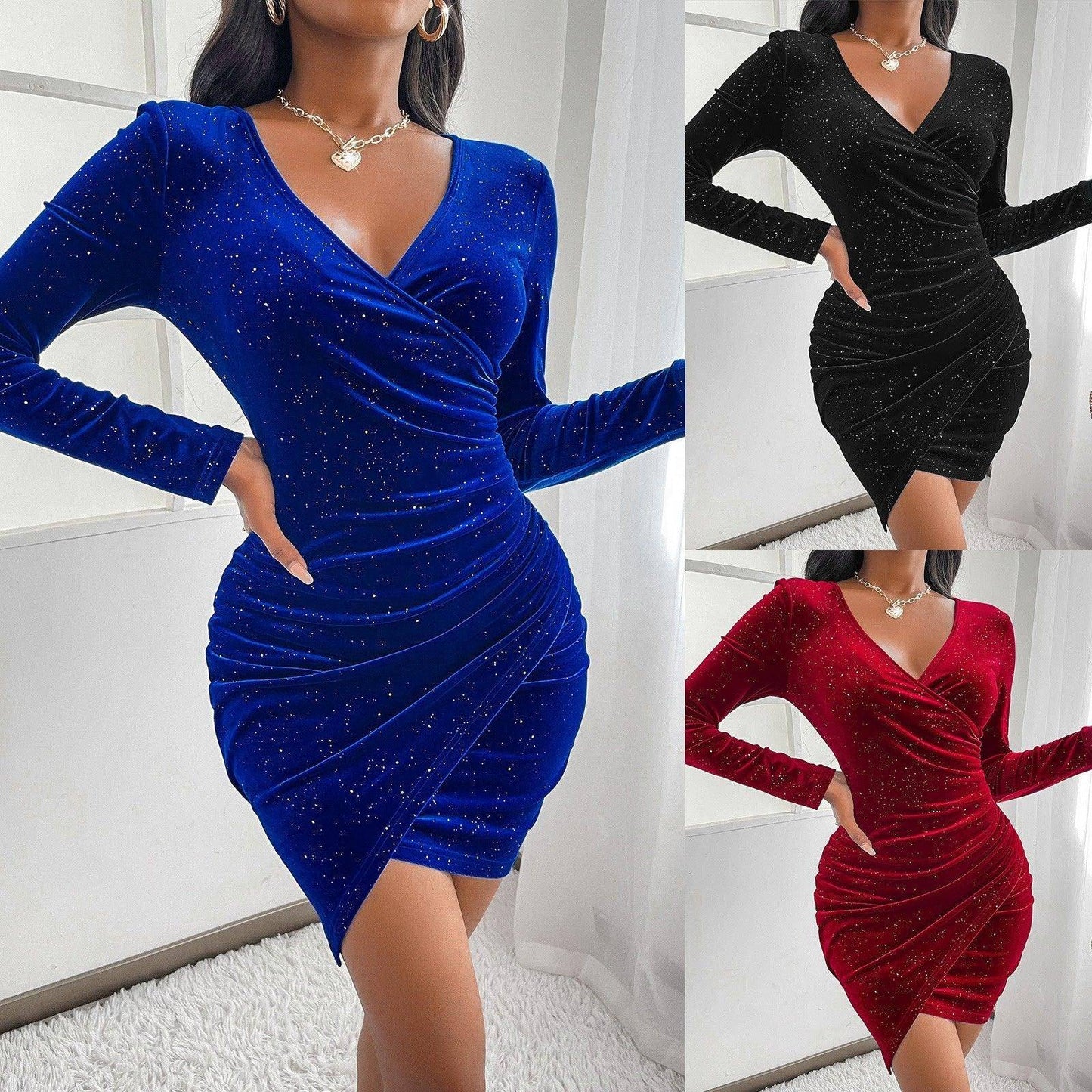 Charlotte Autumn and winter new women's sequin long-sleeved midriff celebrity dress short dress - Charlotte-dress