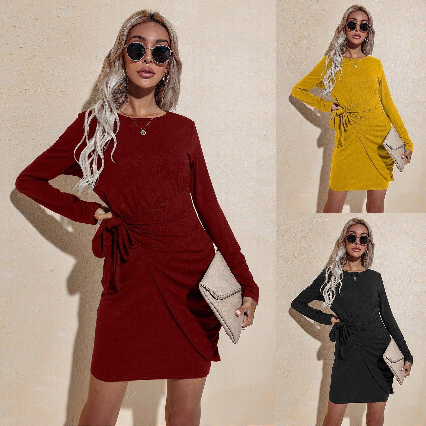 Charlotte Women's Round Neck Long-Sleeved Thin Sexy Laced Hip Dress