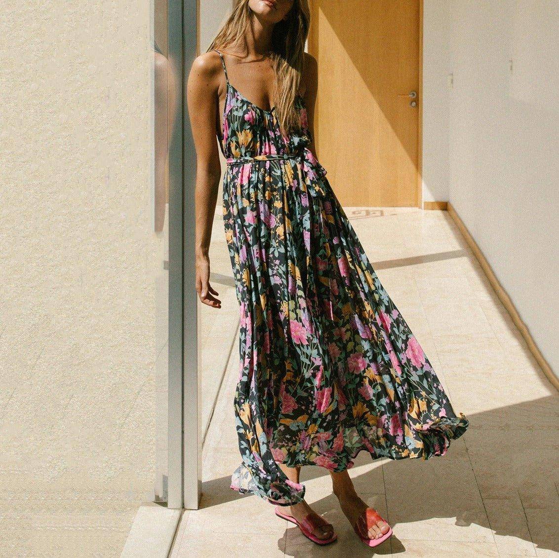 Charlotte Spring and summer women's long dress sexy print backless V-neck halter dress - Charlotte-dress