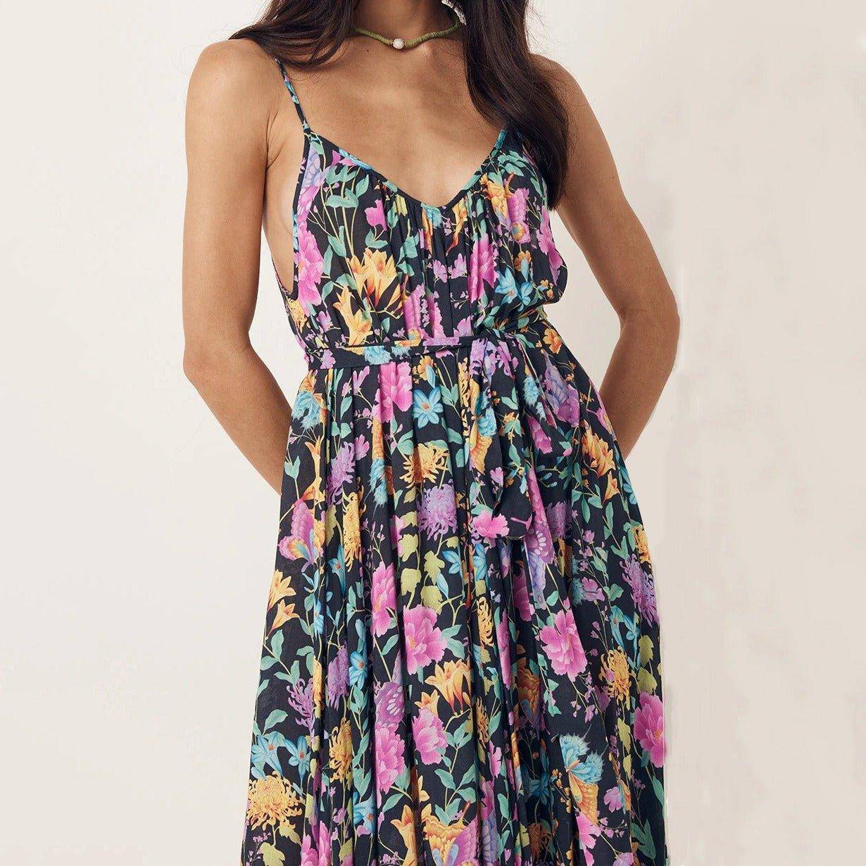 Charlotte Spring and summer women's long dress sexy print backless V-neck halter dress - Charlotte-dress