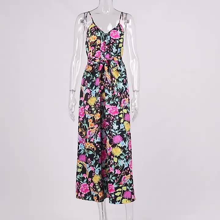 Charlotte Spring and summer women's long dress sexy print backless V-neck halter dress - Charlotte-dress