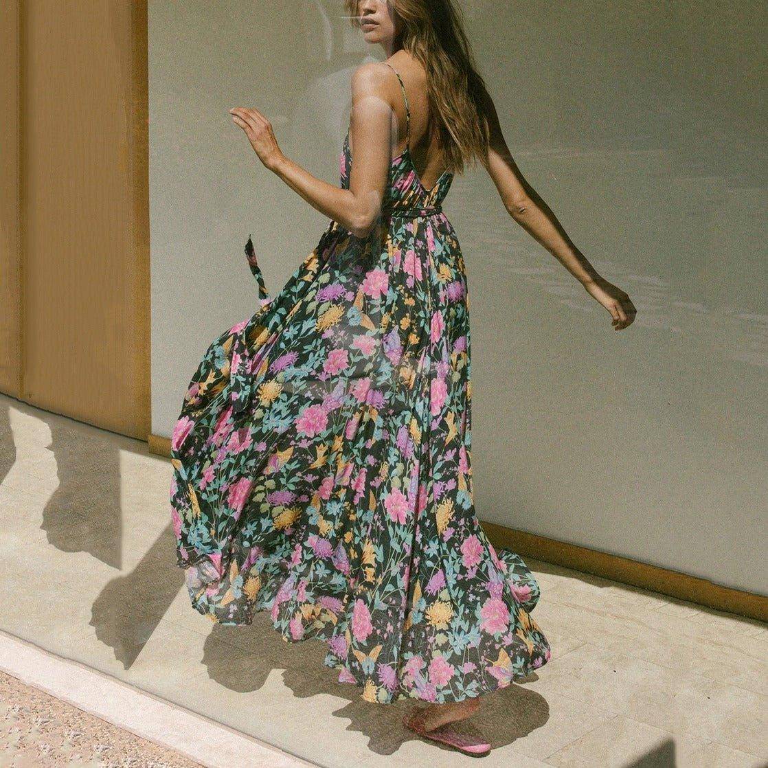 Charlotte Spring and summer women's long dress sexy print backless V-neck halter dress - Charlotte-dress