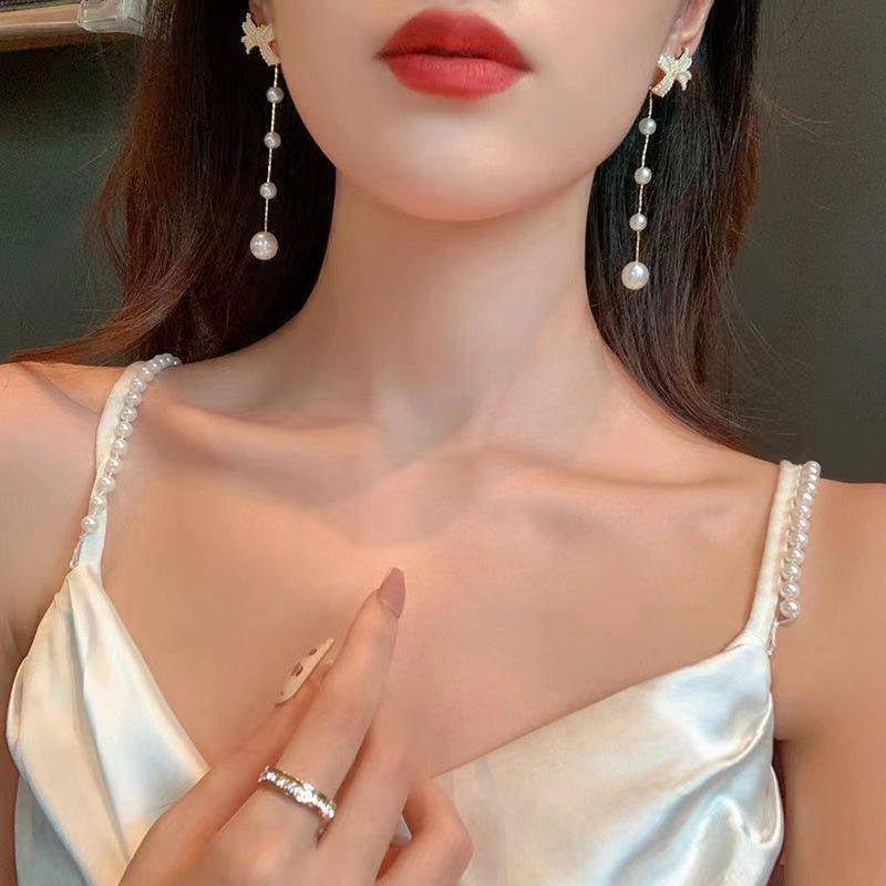 Buy 925 Silver Butterfly Pearl Long Pendant Earrings for only $27.99 at Charlotte-dress!