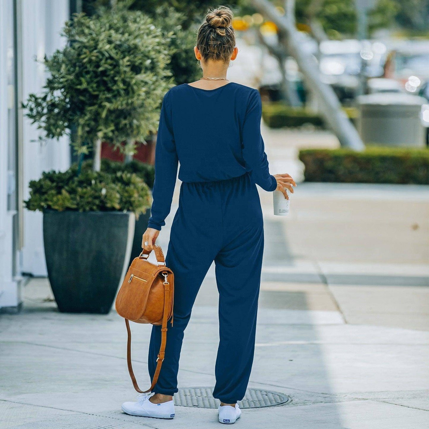 Charlotte Women's Solid Color Round Neck Long Sleeve Skinny Jumpsuit