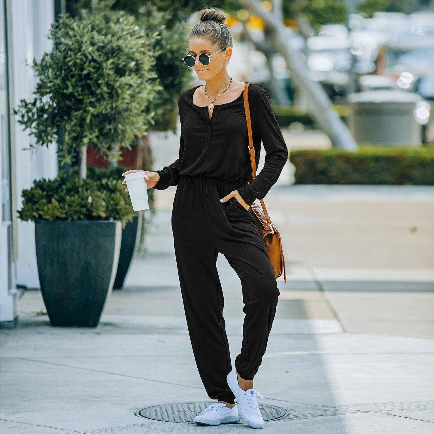 Charlotte Women's Solid Color Round Neck Long Sleeve Skinny Jumpsuit