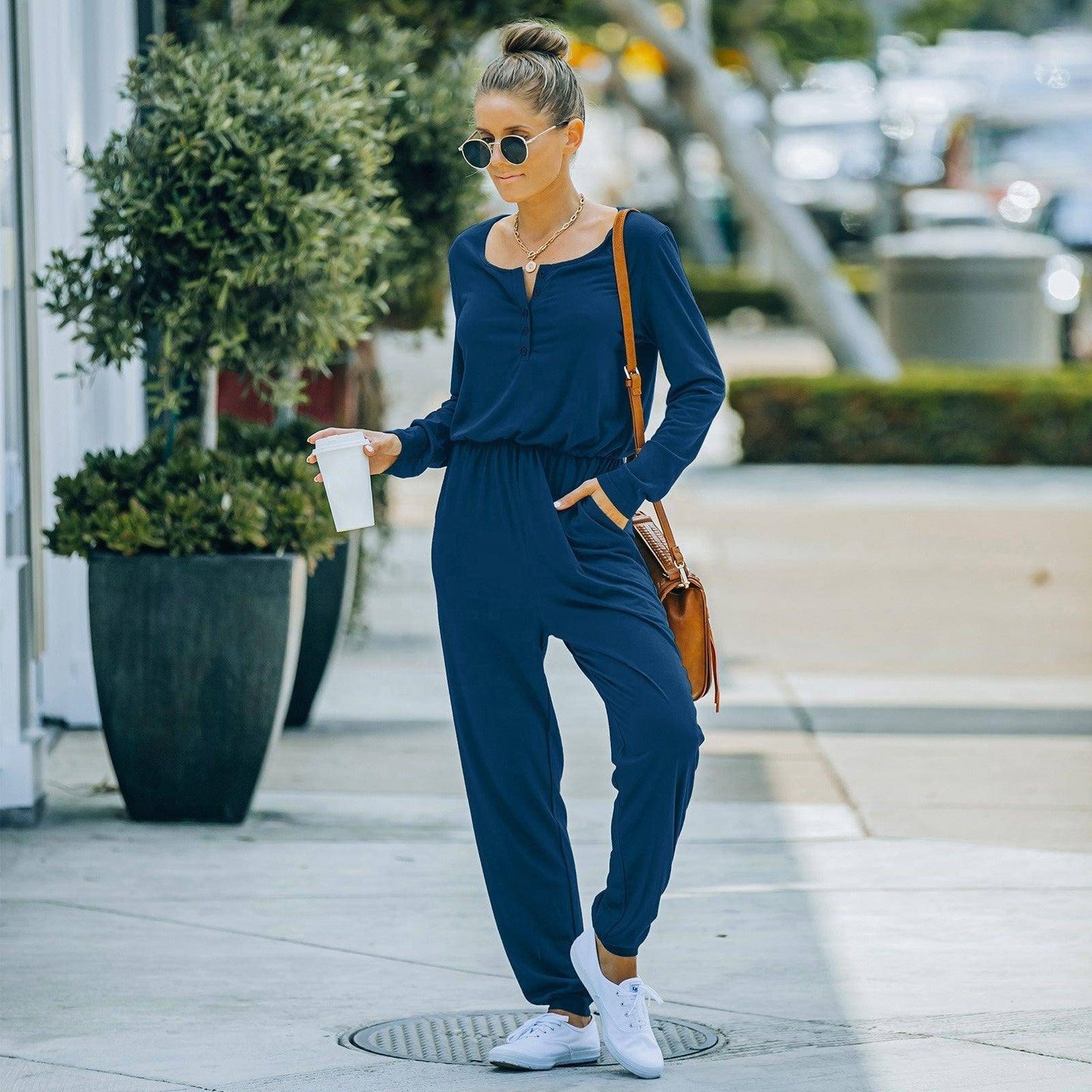 Charlotte Women's Solid Color Round Neck Long Sleeve Skinny Jumpsuit