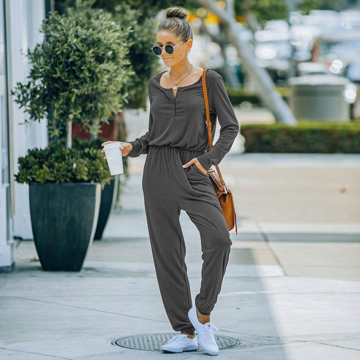 Charlotte Women's Solid Color Round Neck Long Sleeve Skinny Jumpsuit