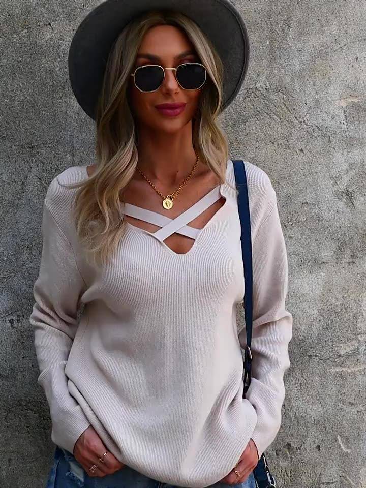 Charlotte loose jacket long sleeve V-neck sexy solid color top sweater - Charlotte-dress