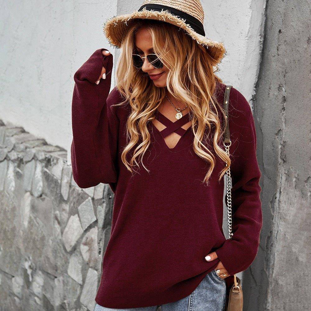 Charlotte loose jacket long sleeve V-neck sexy solid color top sweater - Charlotte-dress