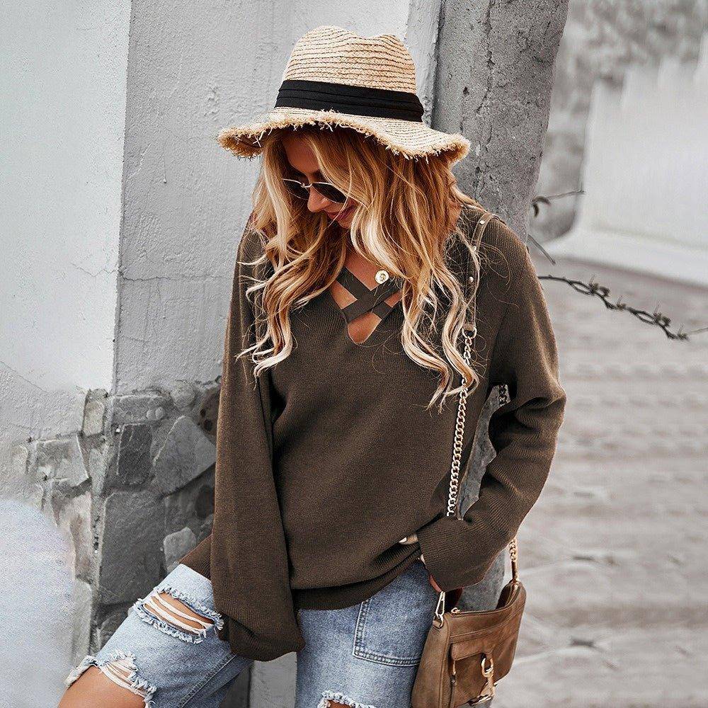 Charlotte loose jacket long sleeve V-neck sexy solid color top sweater - Charlotte-dress