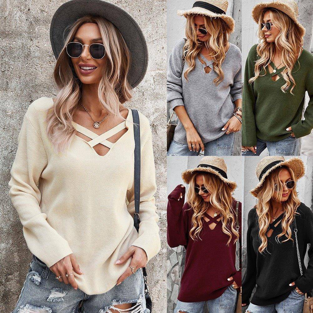 Charlotte loose jacket long sleeve V-neck sexy solid color top sweater - Charlotte-dress
