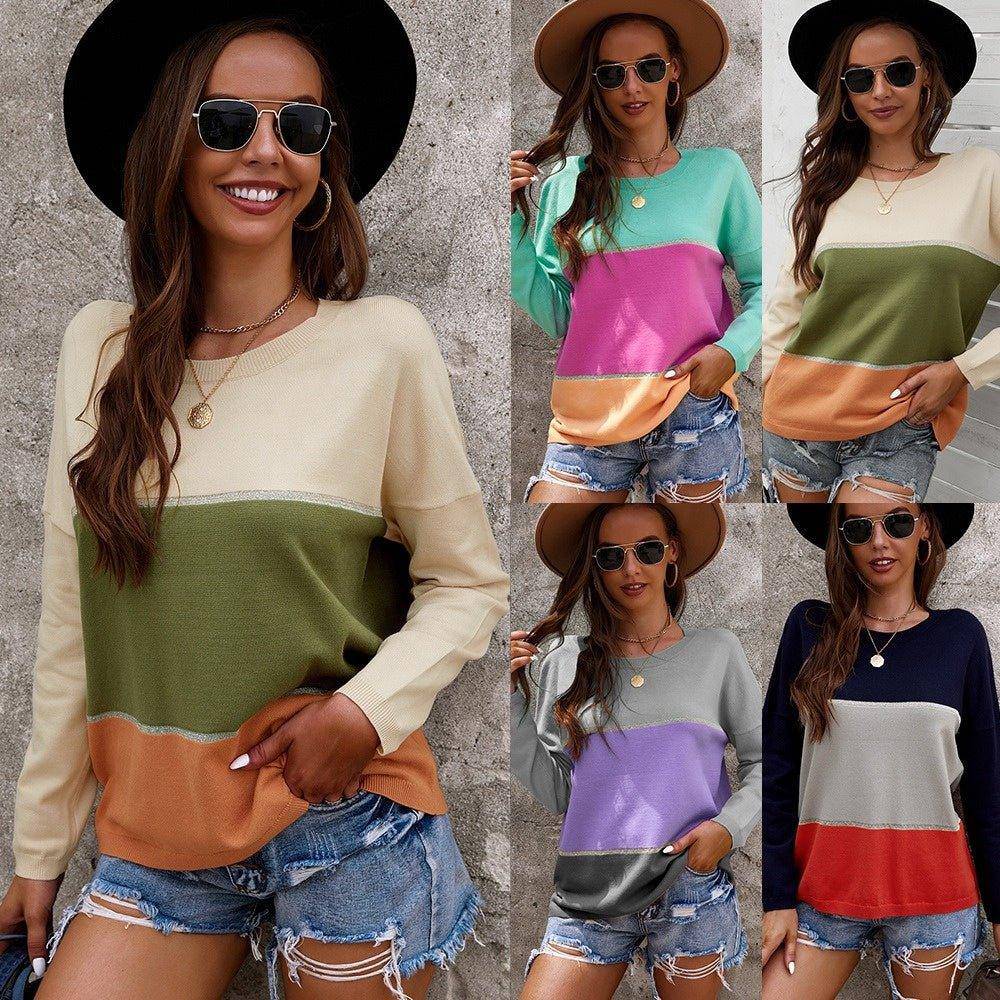 Charlotte New long-sleeved romantic casual tops splicing collision color round ACharlotte Women's Lightweight Color Block Hooded Pullover Sweatersneck loose sweater - Charlotte-dress