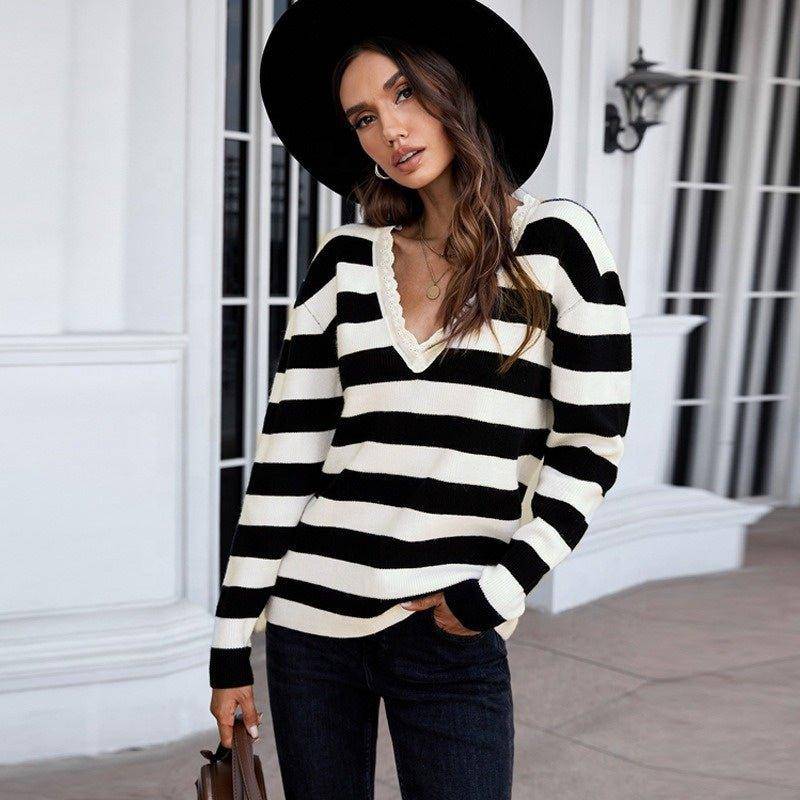 Women's Striped Long Sleeve Loose Casual V-neck Sweater Black