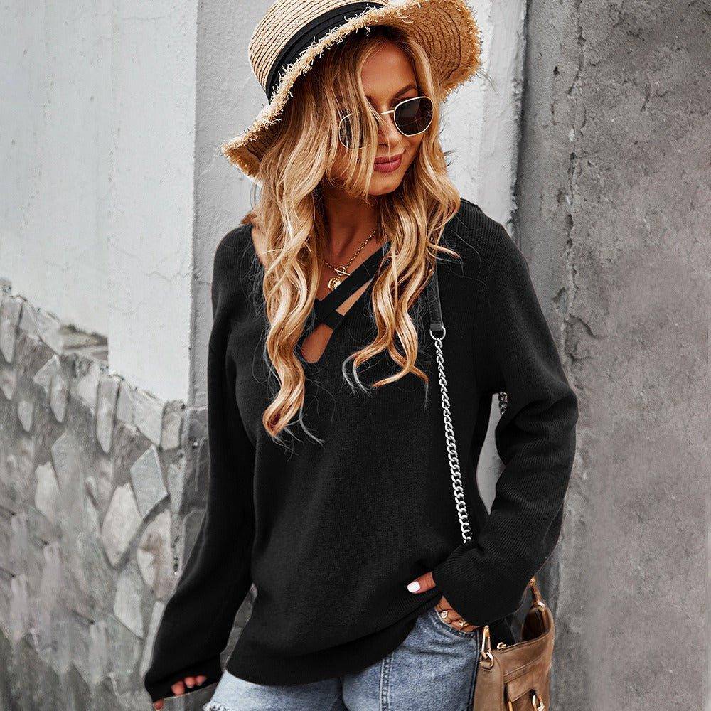 Charlotte loose jacket long sleeve V-neck sexy solid color top sweater - Charlotte-dress