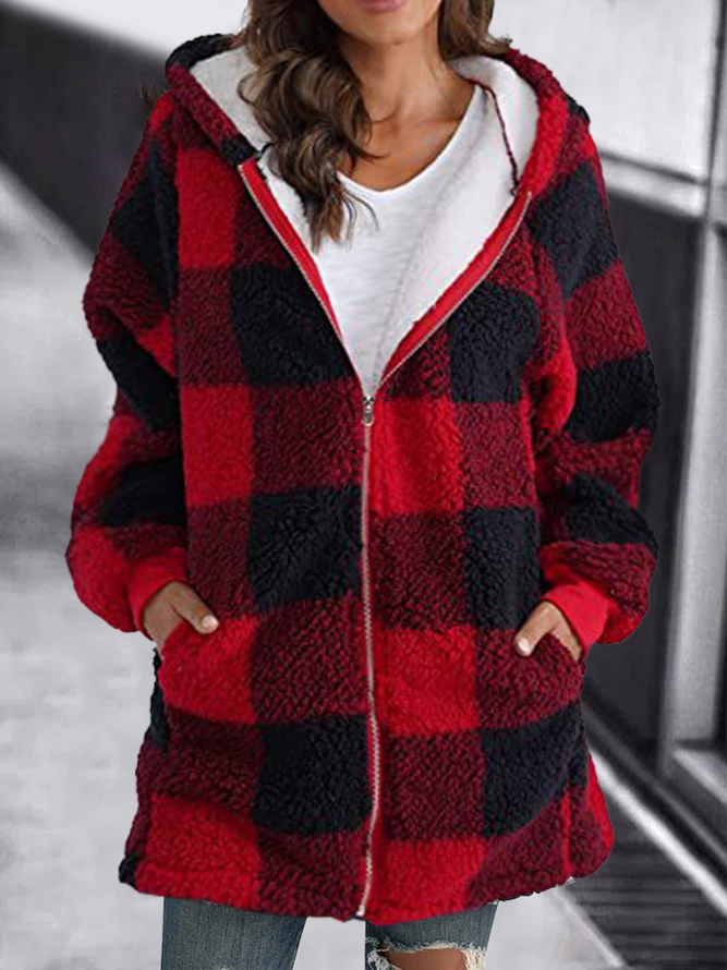 Women's Stylish Hoodie Plaid Loose Overcoat