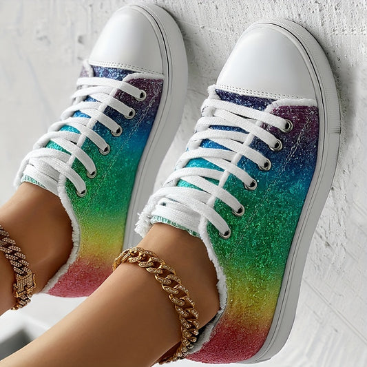 Women's Rhinestone Canvas Lace Up Low-top Sneakers CD413