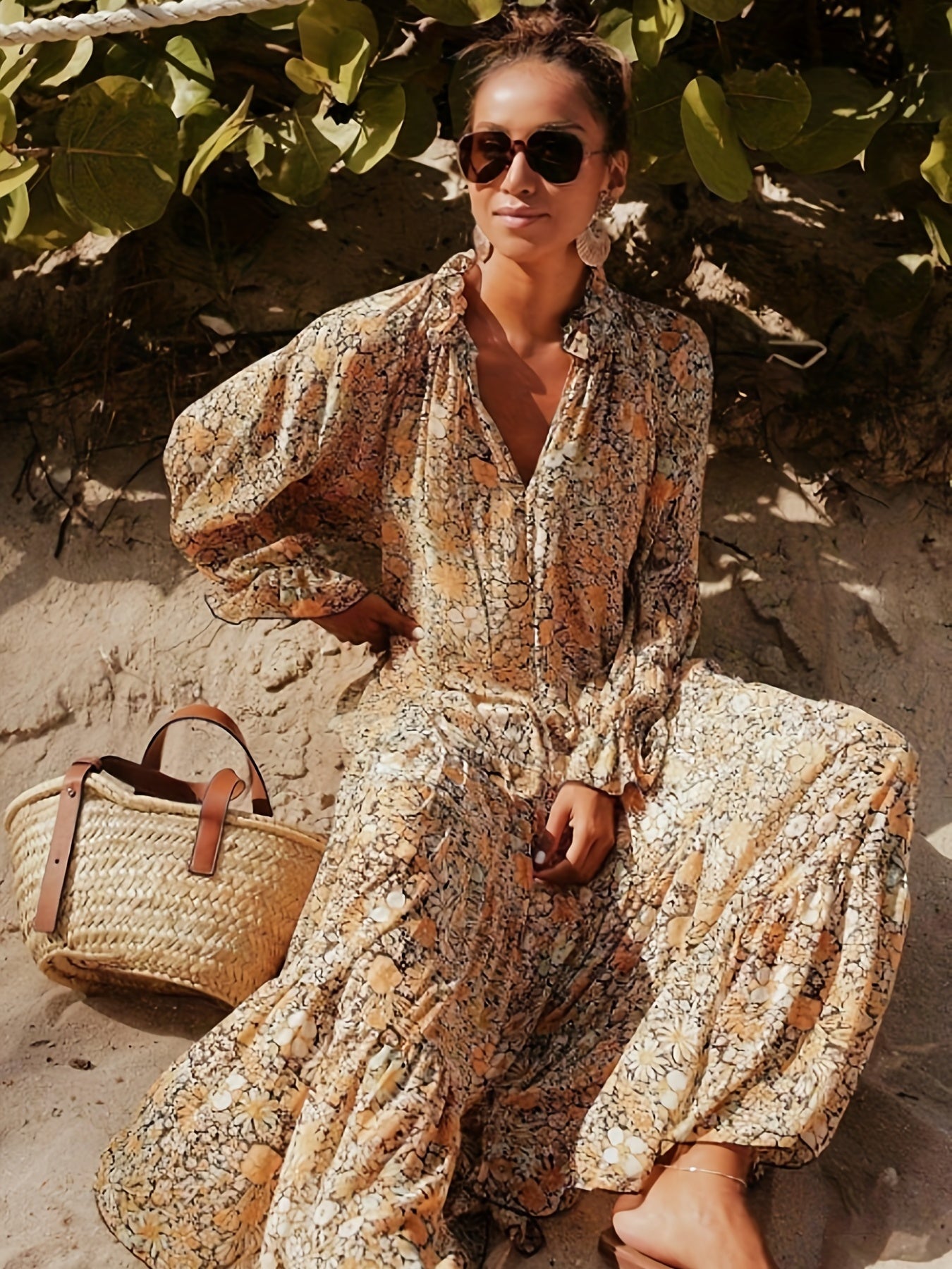 Floral Print Pleated Boho V Neck Maxi Dress CD193