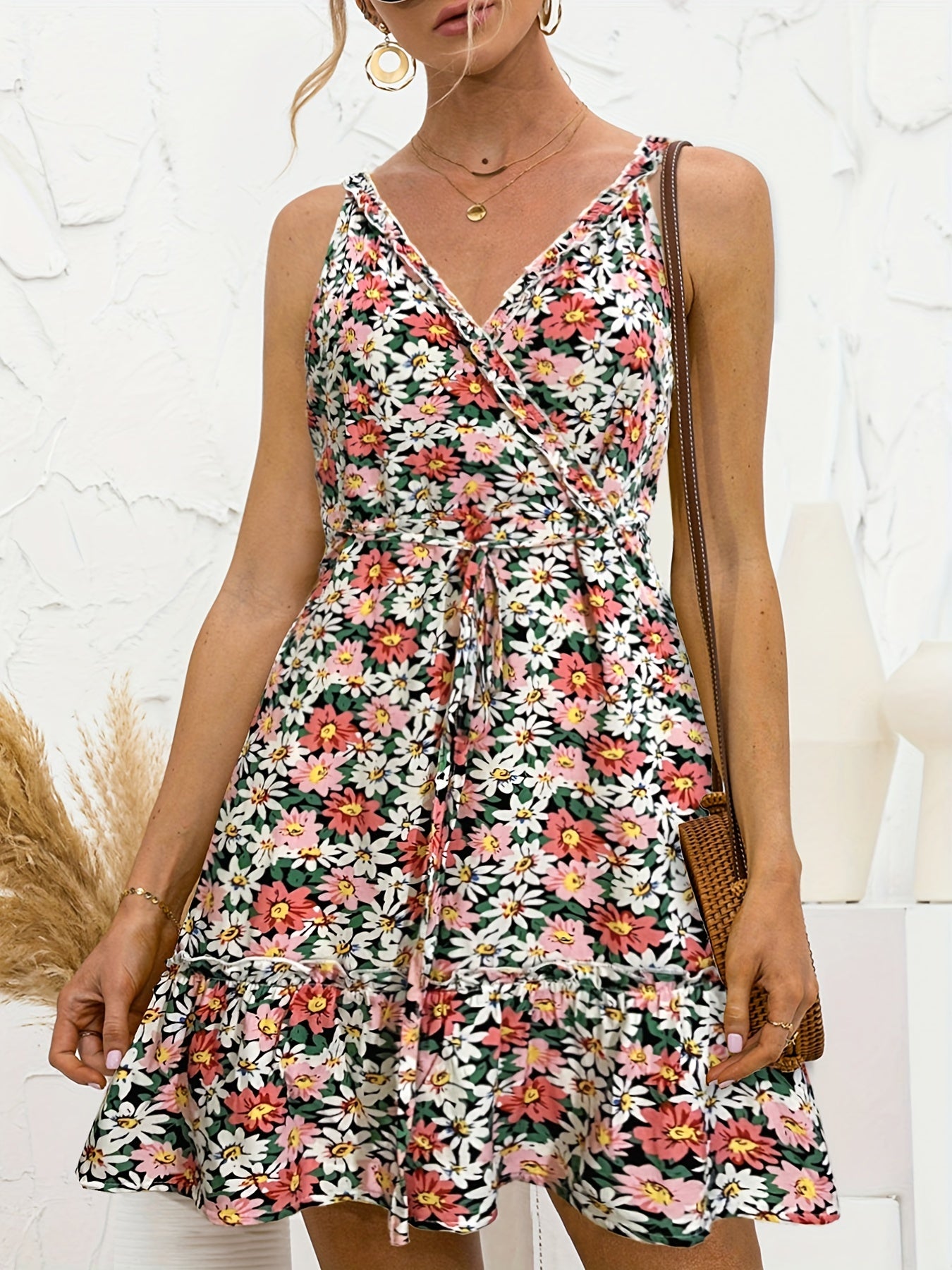 Floral Print Tie Front Boho Surplice Neck Sleeveless Dress CD199