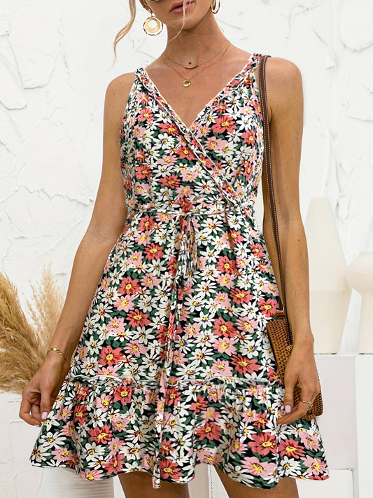 Floral Print Tie Front Boho Surplice Neck Sleeveless Dress CD199