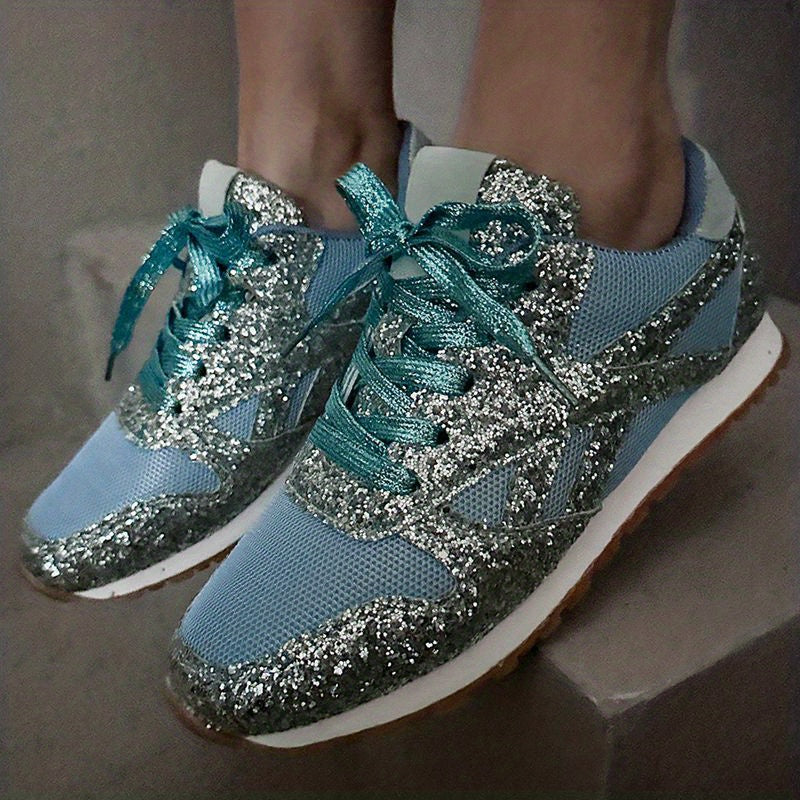 Women's Glitter Sequins Sports Mesh Lace Up Sneakers CD409