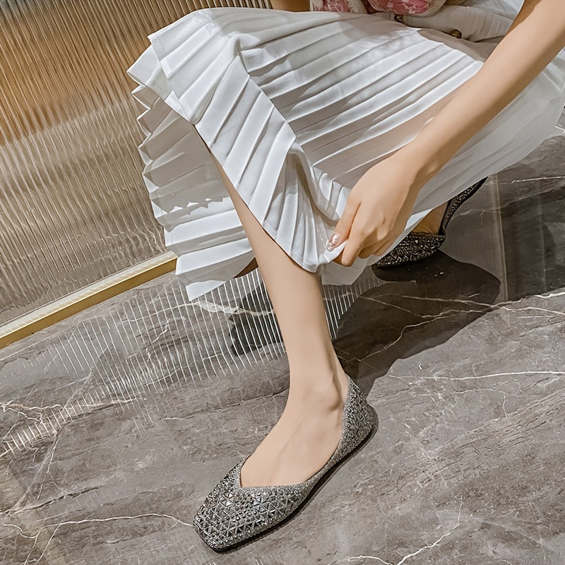 Women's Faux Rhinestone Square Toe Low Top Flats CD411