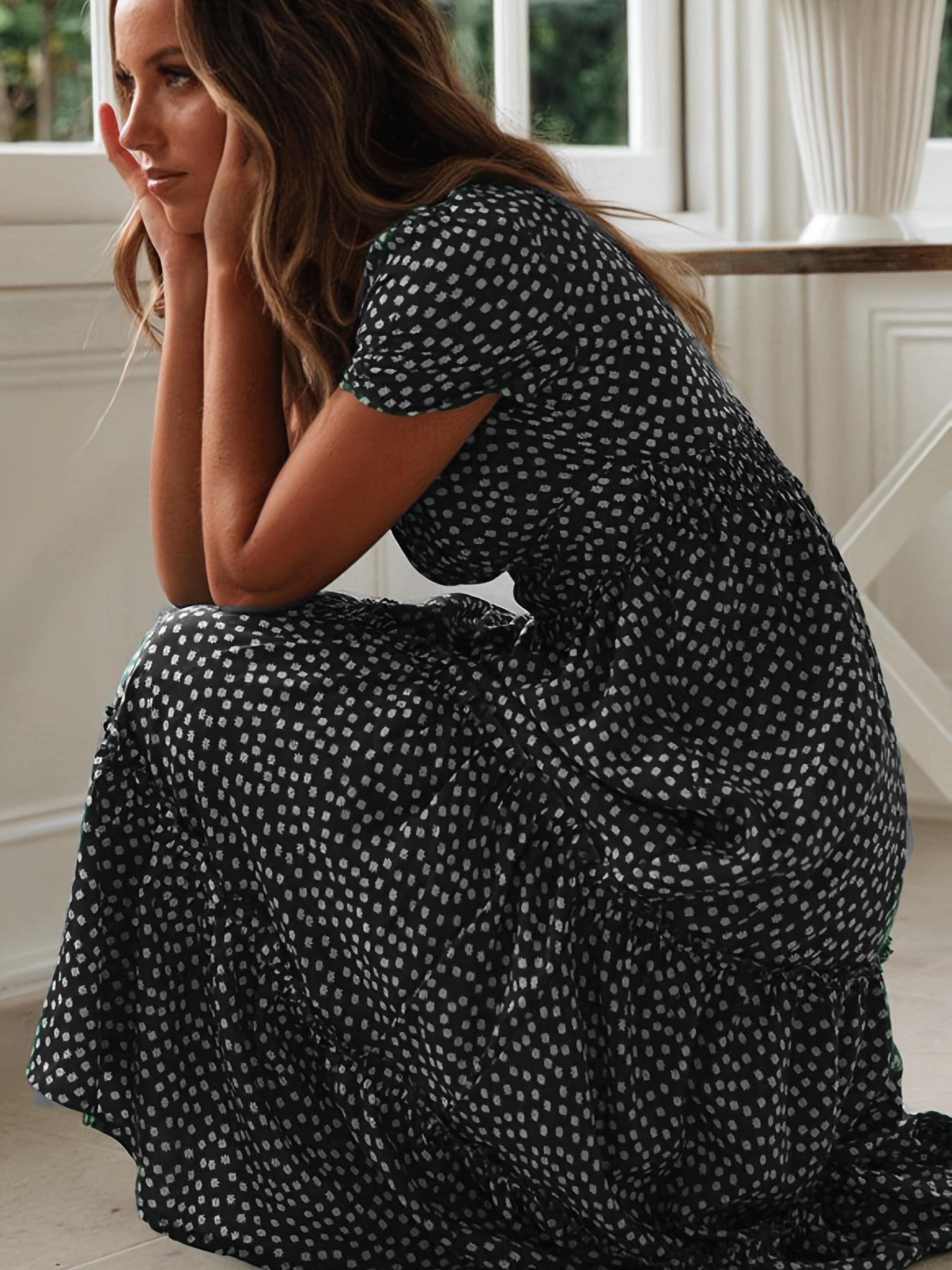 Floral Print Boho Puff Sleeve Tiered Flowy Maxi Dress CD196