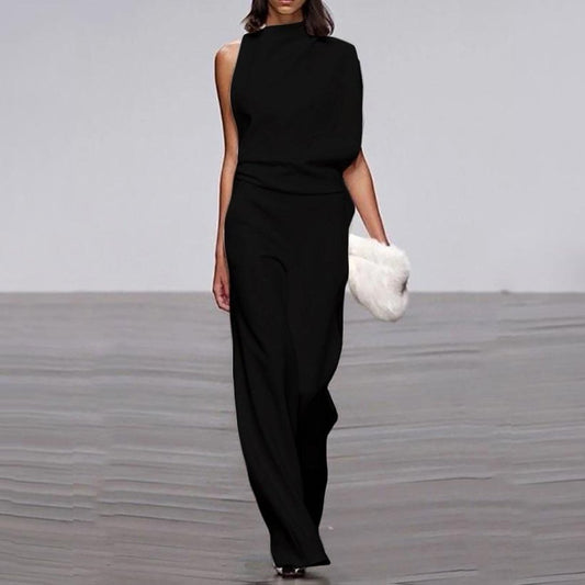 One-shoulder Sleeve Slacks Solid Color Jumpsuit CD635