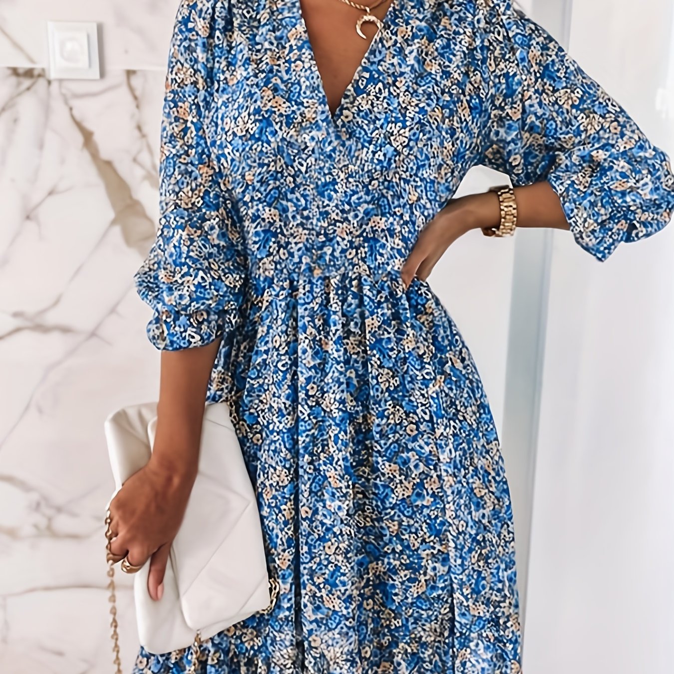 Floral Ruched Waist V-Neck Puff Sleeve Boho Dress CD188