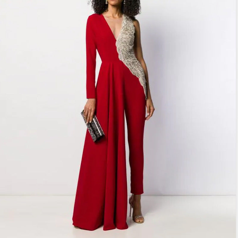Sexy Deep V Slim Color Matching Jumpsuit CD652