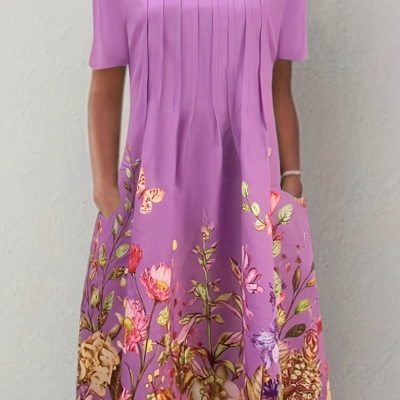 Floral Print Pleated Dual Pockets Dress CD189