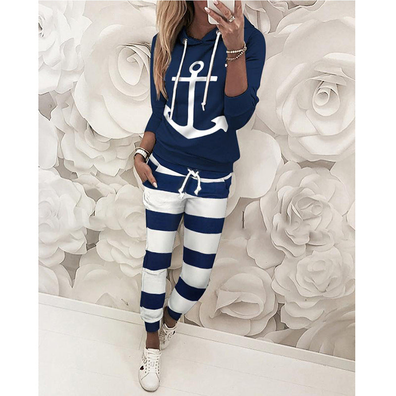 Women's Loose Print Hooded Sports Set CD620