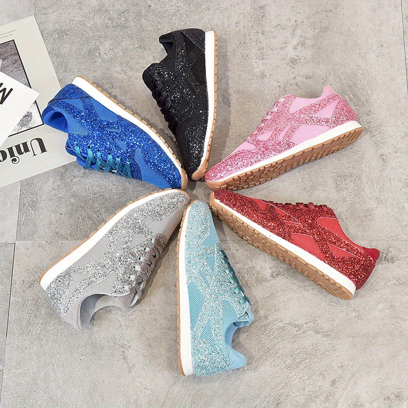 Women's Glitter Sequins Sports Mesh Lace Up Sneakers CD409
