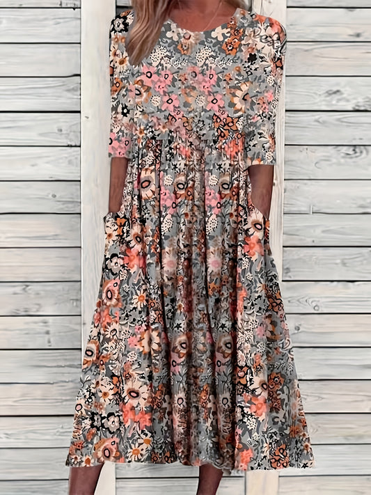 Floral Print Crew Neck Dress Loose Dual Pockets Dress CD192