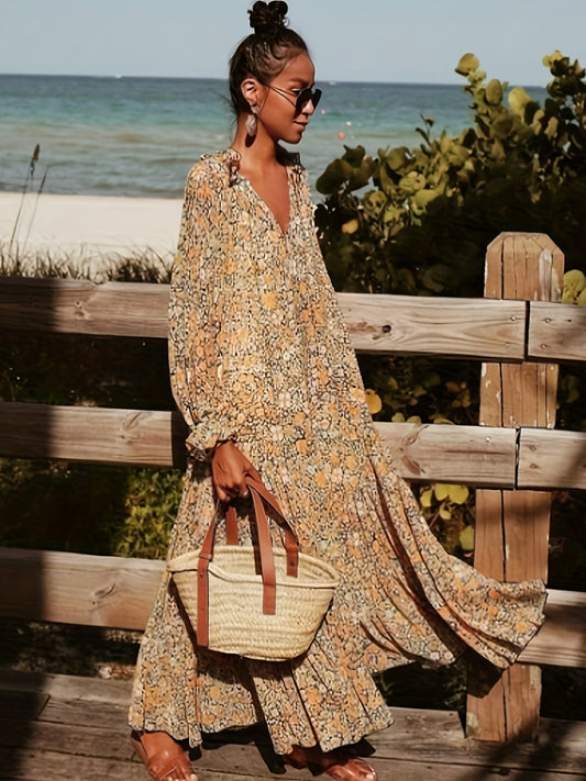 Floral Print Pleated Boho V Neck Maxi Dress CD193