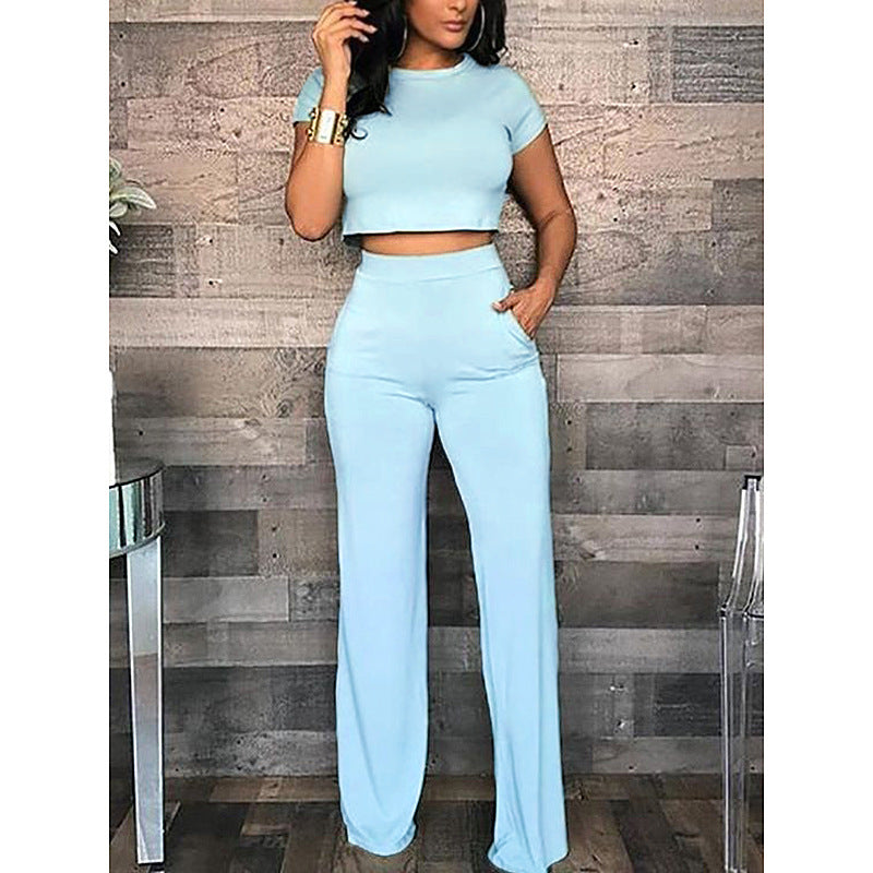 Crewneck Short Sleeve Crop Top Casual Suit Blue CD606
