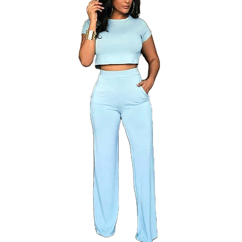 Crewneck Short Sleeve Crop Top Casual Suit Blue CD606