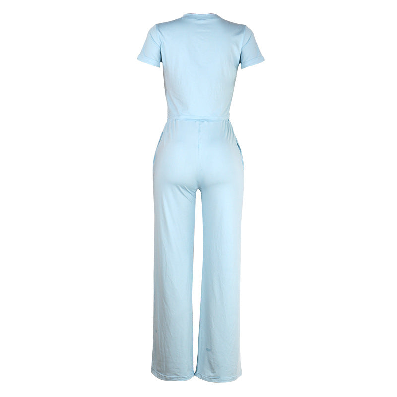 Crewneck Short Sleeve Crop Top Casual Suit Blue CD606