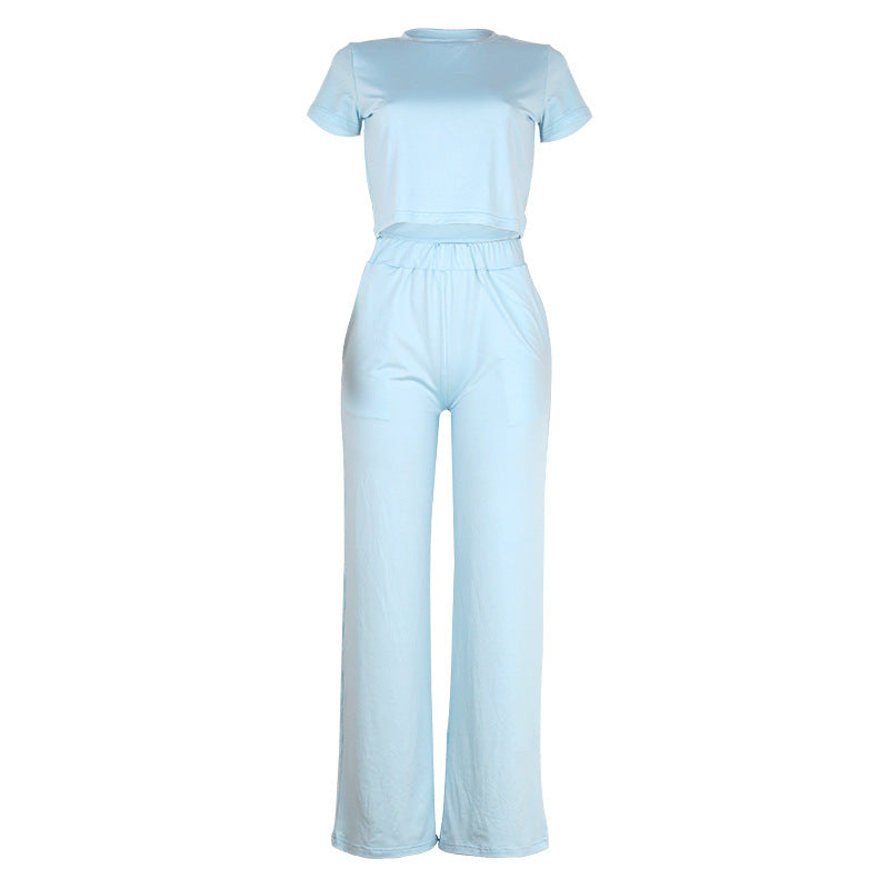 Crewneck Short Sleeve Crop Top Casual Suit Blue CD606