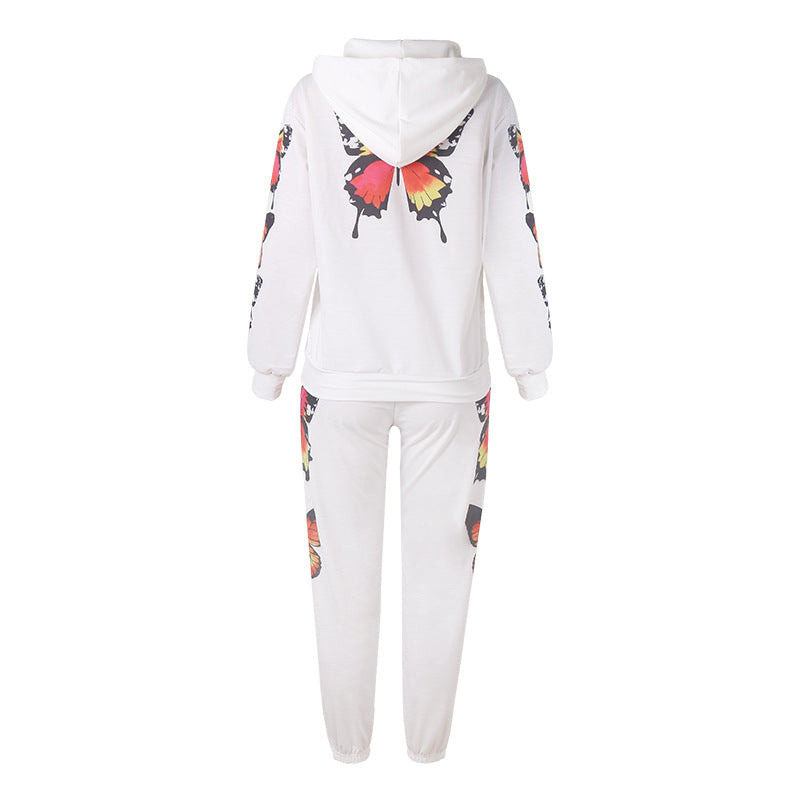 Butterfly Print Hooded Casual Sweatshirt Set For Women CD604