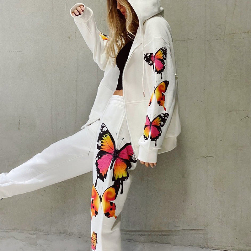 Butterfly Print Hooded Casual Sweatshirt Set For Women CD604