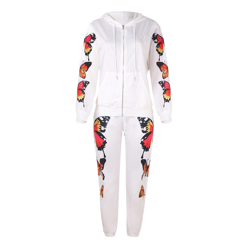 Butterfly Print Hooded Casual Sweatshirt Set For Women CD604